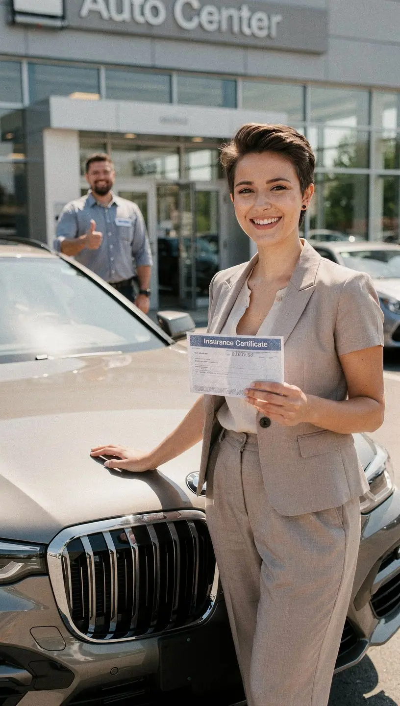 Ein Grafikschema erklärt transparent den Ablauf der Policenerstellung und die Vorteile der Versicherung beim Fahrzeugkauf.
